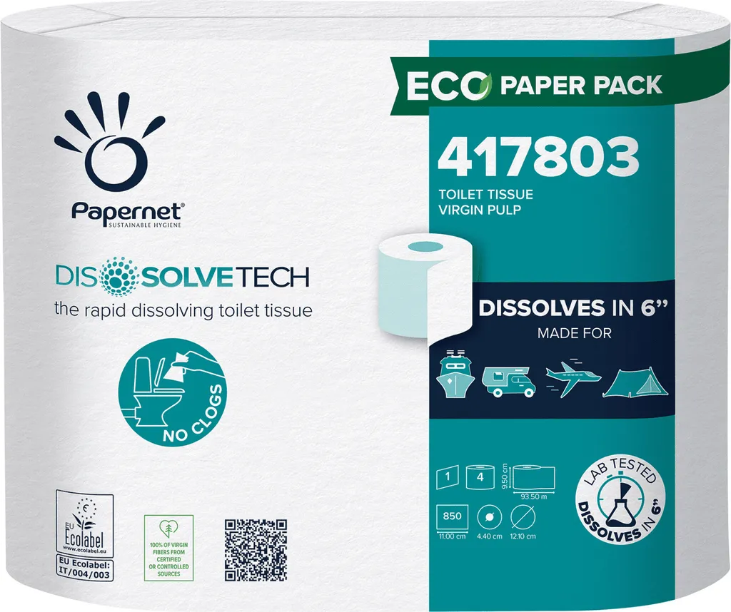 Papernet 417803 Dissolve Tech Papier Hygiénique 1 Pli Paquet 4 Rouleaux