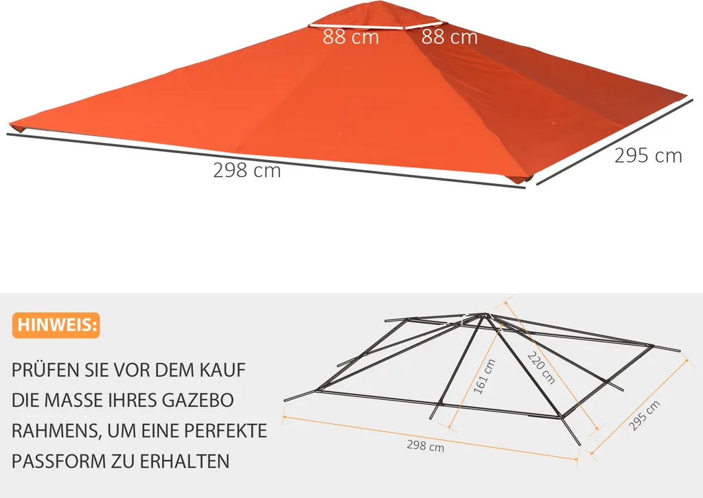 Toit de pavillon polyester étanche orange 3x3m avec drainage intégré - 3