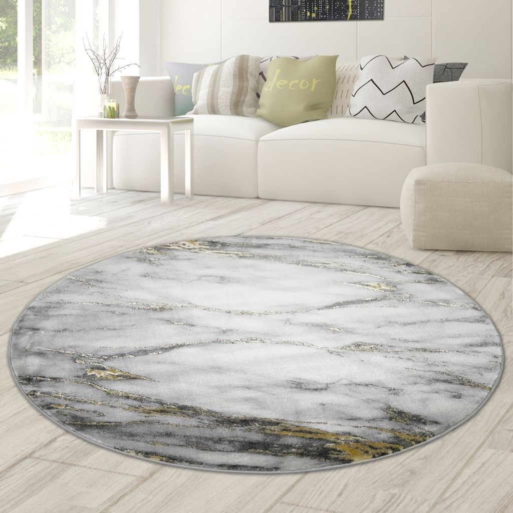 Teppich Wohnzimmer Teppich Marmor Optik in creme grau gold Größe - 160 cm Rund