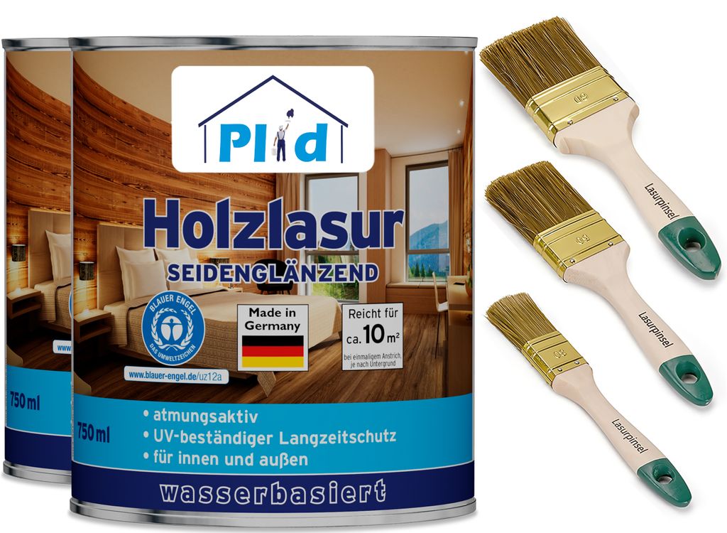 Plid Holzlasur Innen & Aussen Teak 1,5L+ Lasurpinselset 3 tlg. / Holzschutzlasur Außen mit UV beständigem Langzeitschutz - Grundierung Holz Außen