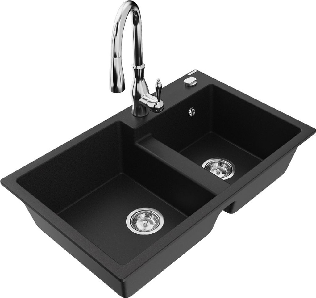 Mexen Tomas 2-Becken-Granitspüle mit Mischbatterie Savita, Schwarz - 6516-77-672601-00