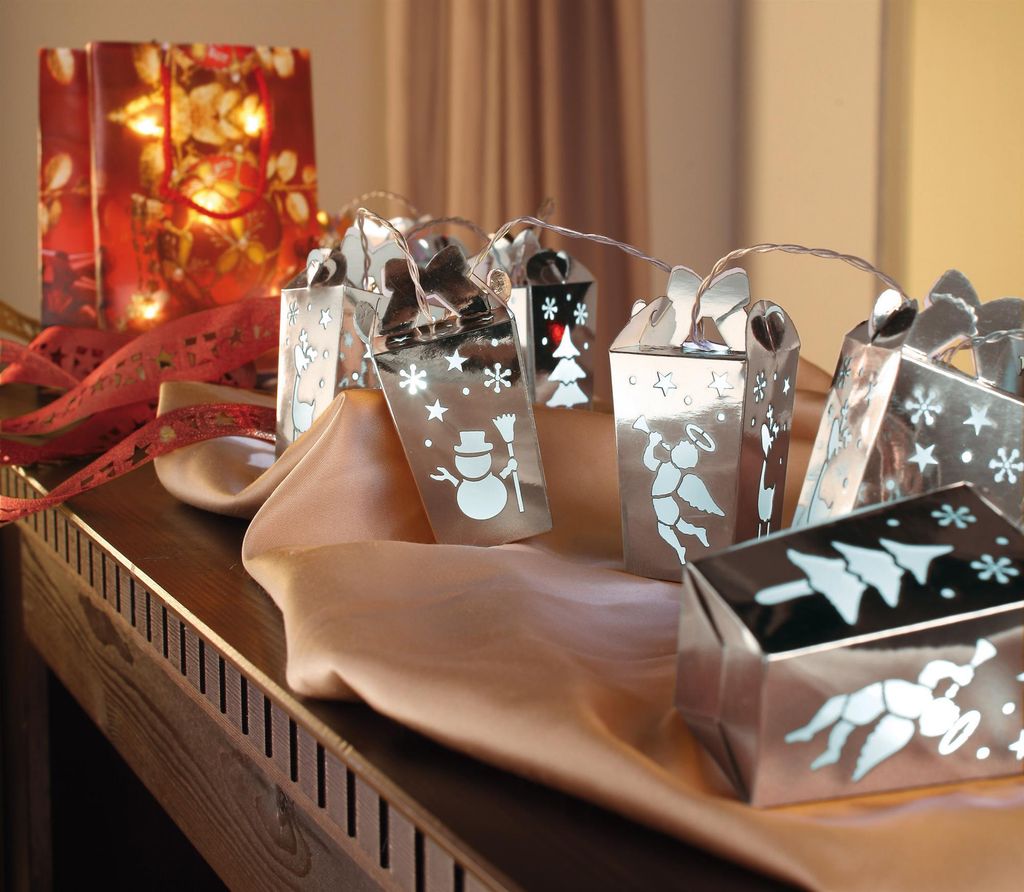 LED Lichterkette warmweiß Motiv Geschenke silber 10 LED ́s batteriebetrieben