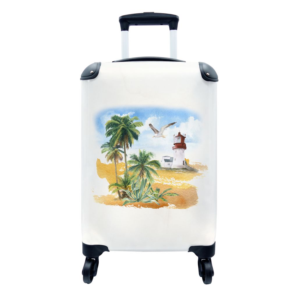MuchoWow Koffer Handgepäck Trolley Rollkoffer Kleine Reisekoffer mit 4 Rollen - Leuchtturm - Vogel - Palmen - Strand - Cabin Size < 55x40x23 cm ...