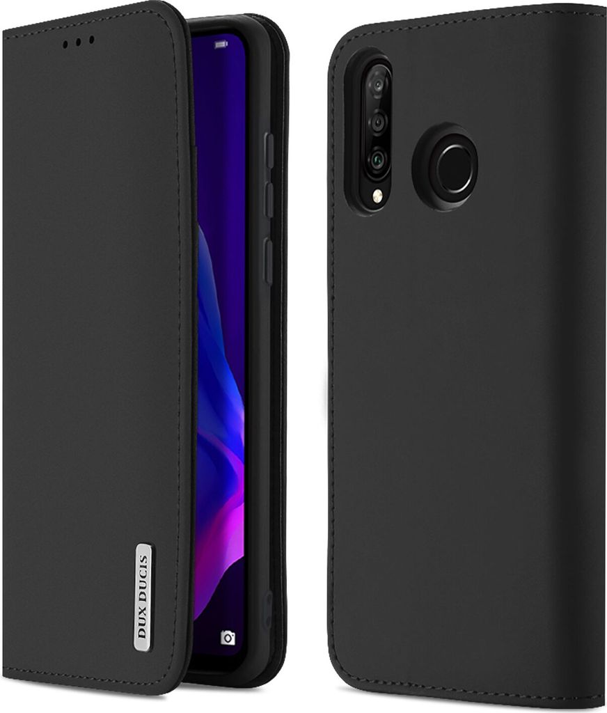 DUX DUCIS Für HUAWEI P30 lite / Nova 4E Solid Color Magnet Leder Schutzhülle mit Halterung schwarz