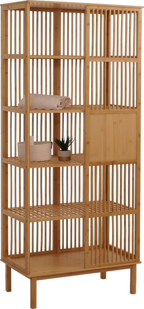 Bambus Standregal MCW-N81, Badezimmerschrank Badschrank Badregal Kommode, 5 Regalböden Schiebetür MVG 186x80x45cm