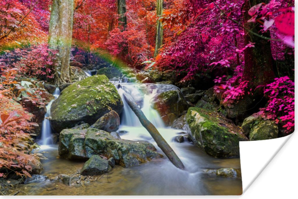 MuchoWow Poster Regenbogen - Wasserfall - Bäume - Steine - Moos 120x80 cm - Bilder