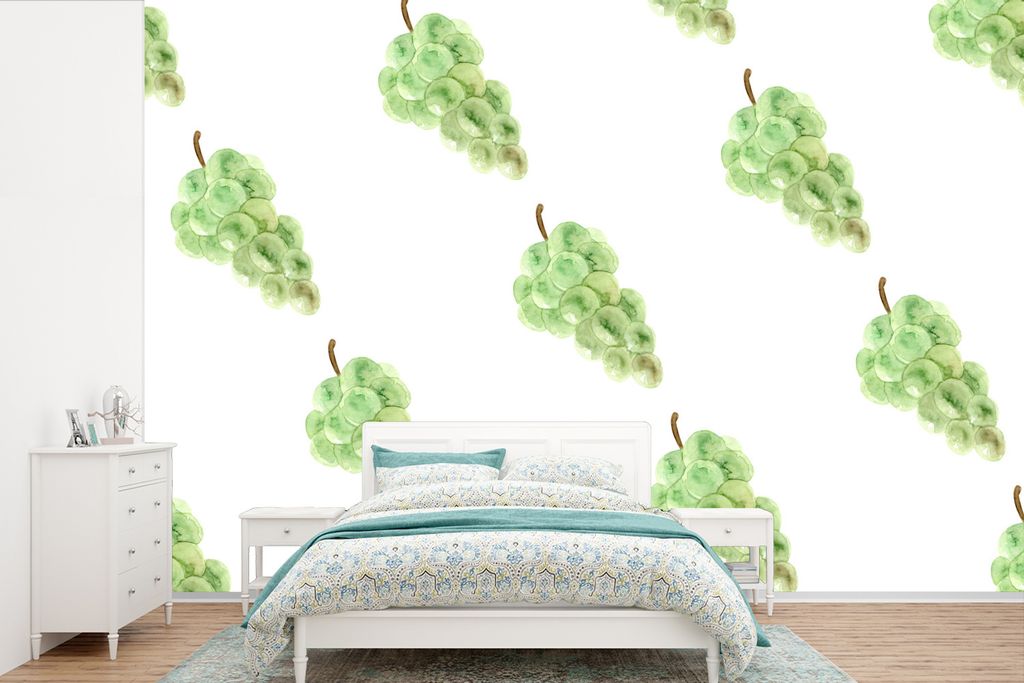 MuchoWow Fototapete für Wohnzimmer oder Schlafzimmer Wandtapete Vinyl Motivtapete Weintrauben - Aquarell - Weiß - 390x260 cm - Papiertapete