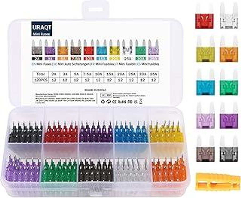 URAQT Sicherungen Set, 120 Stücke Mini Auto Sicherung mit Aufbewahrungskoffer und Sicherungsabzieher Sortiment Klinge Sicherung für Auto Lkw Sich...