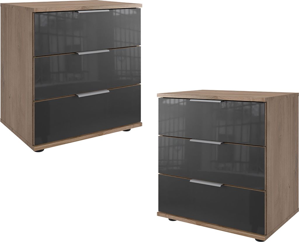 Nachtschrank 2er Set 58cm hoch, Eiche und graphit mit grauem Glas, STRATFORD-43