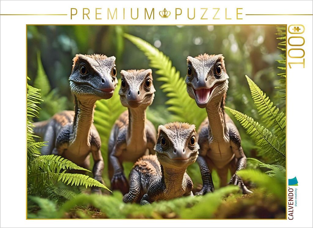 CALVENDO Puzzle Rudel frecher Raptoren im urzeitlichen Farnwald | 1000 Teile Lege-Größe 64x48cm Foto-Puzzle für glückliche Stunden