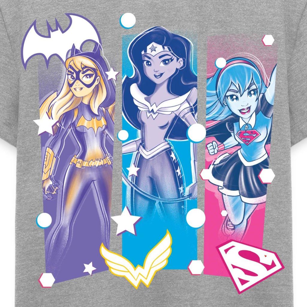 Spreadshirt Super Hero Girls Batgirl Wonder Woman Supergirl Logos Kinder Premium T-Shirt, 134/140 (8 Jahre), Grau meliert