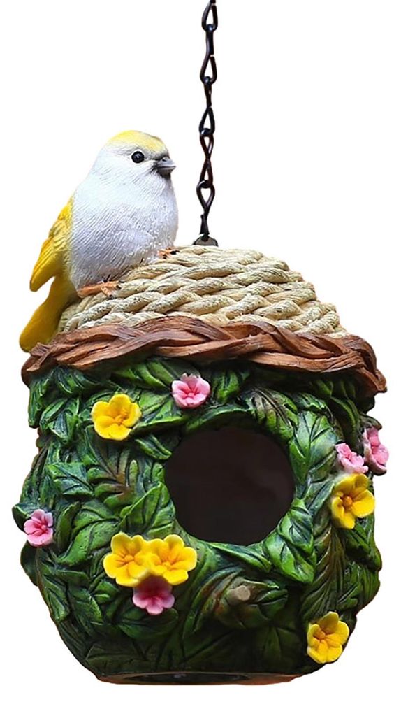 Dekoratives, hängendes Mini-Vogelhaus aus wasserfestem Kunstharz für Terrasse, Hof, Veranda und Garten.