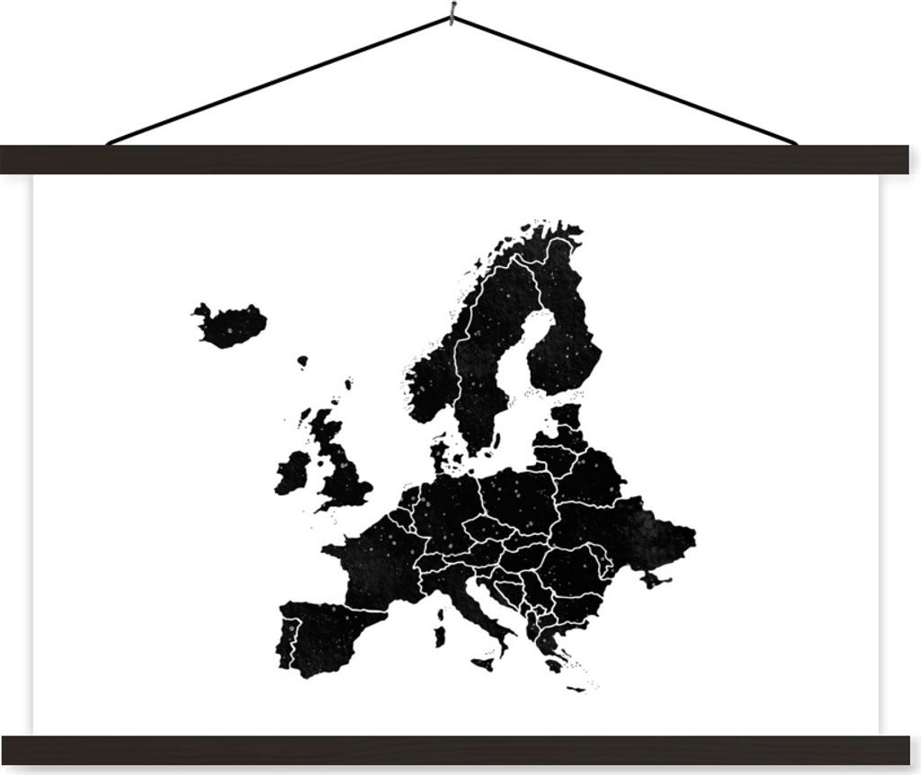 MuchoWow Textilposter Europa-Karte in schwarzer Aquarellfarbe - schwarz und weiß 90x60 cm mit schwarzem Rahmen - Aufhängungssatz