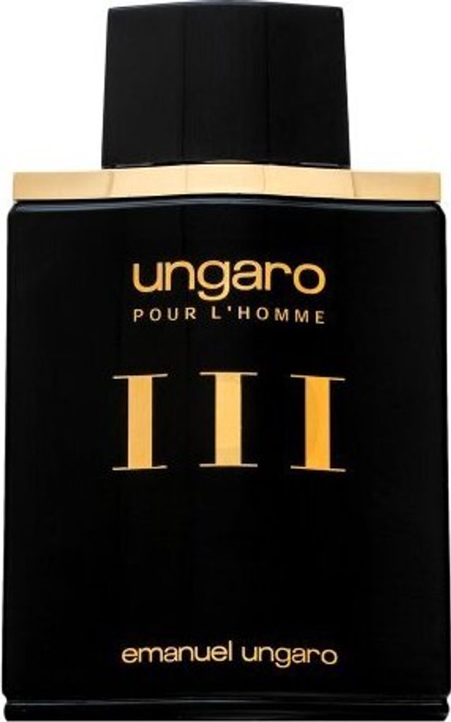 A black bottle of Emanuel Ungaro Homme III eau de Toilette for men.