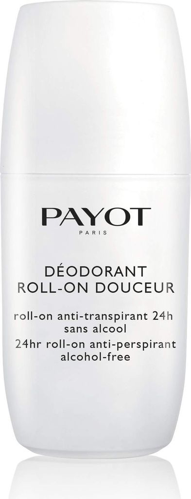 A white roll-on deodorant bottle with black text.