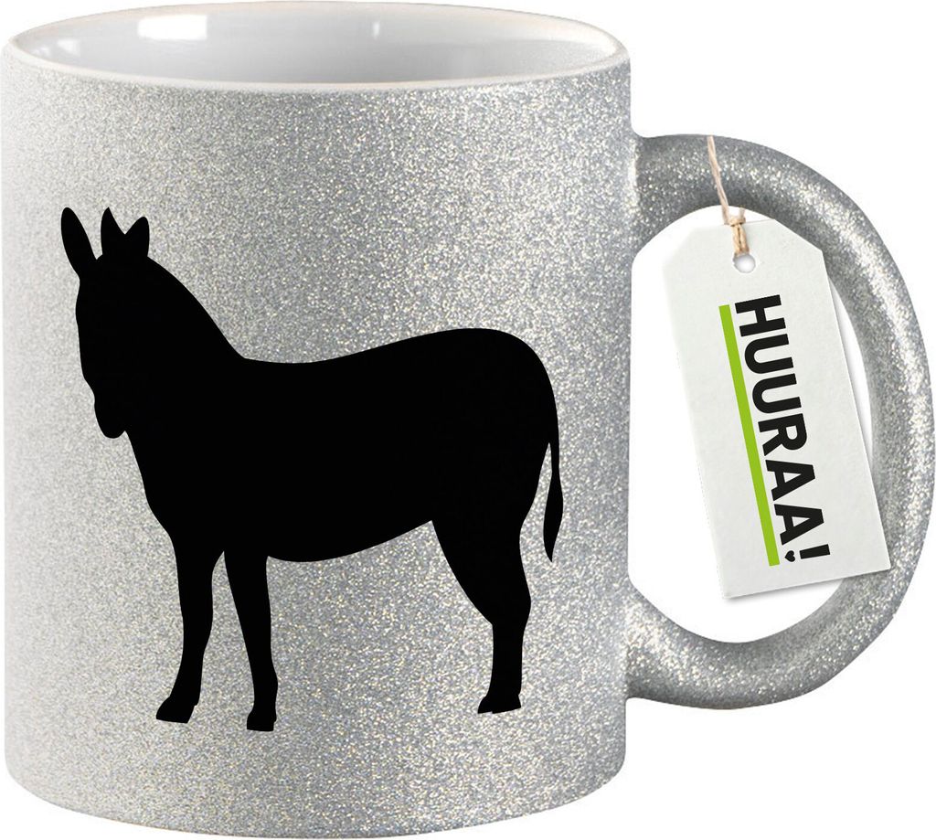 Huuraa Glitzertasse Esel Silhouette 330ml Silber Keramik Kaffeebecher Geschenkidee
