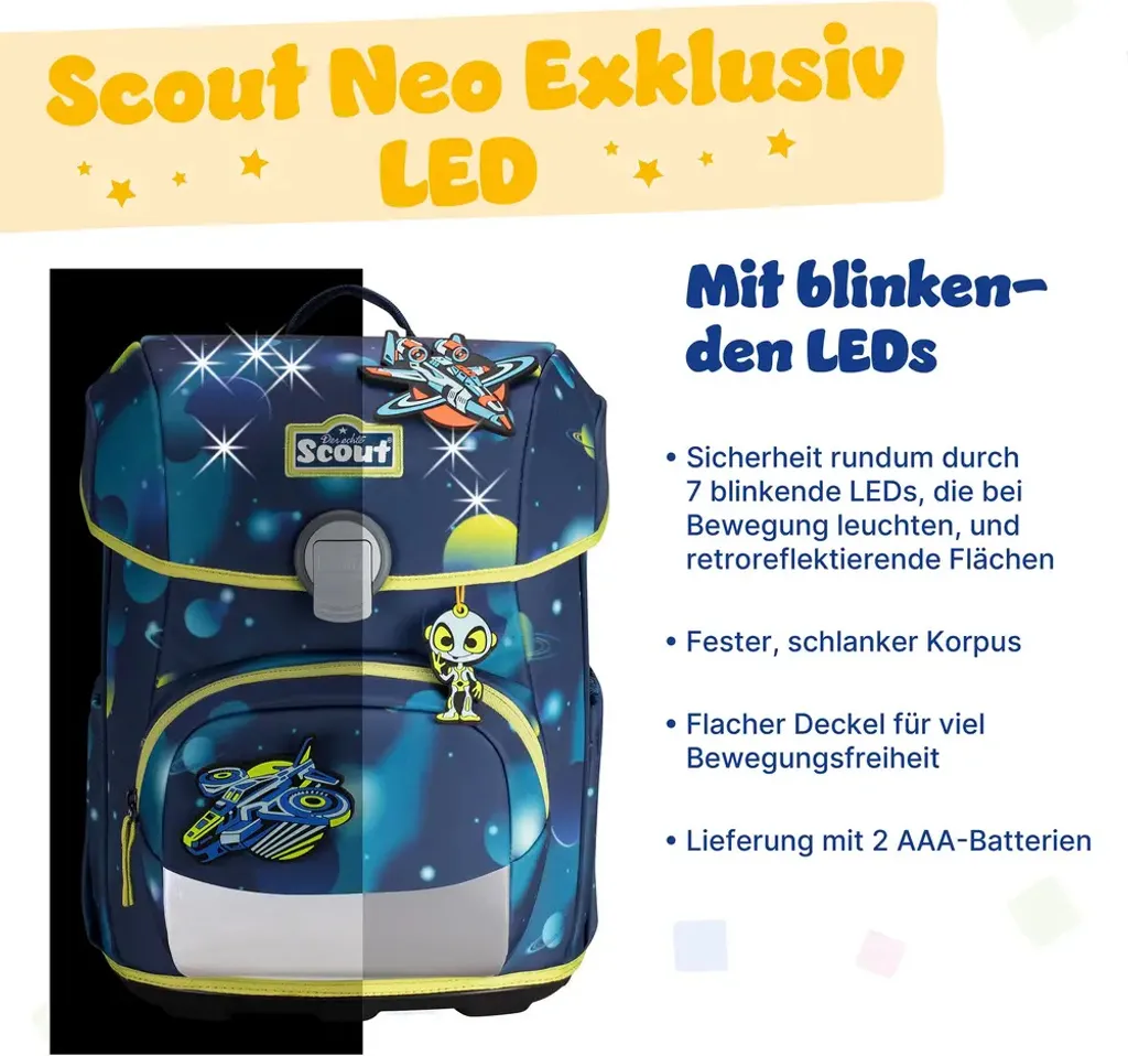 Scout Neo Planets : Sac d'école LED bleu marine - Set complet 4 pièces - 17