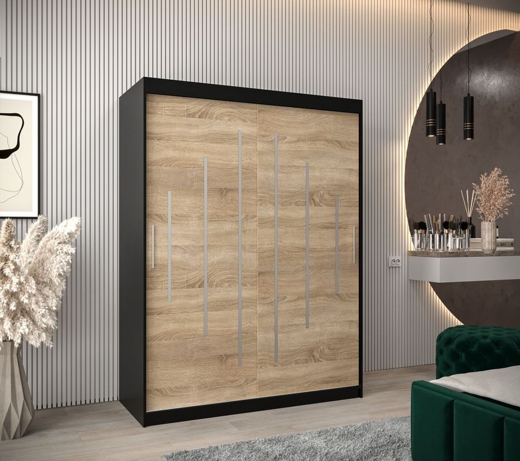 Kleiderschrank ELENA – Breite 150 cm, schwarz/Sonoma-Eiche
