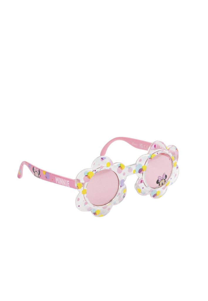A pair of children's sunglasses with a flower-shaped frame and pink lenses, featuring Minnie Mouse graphics.