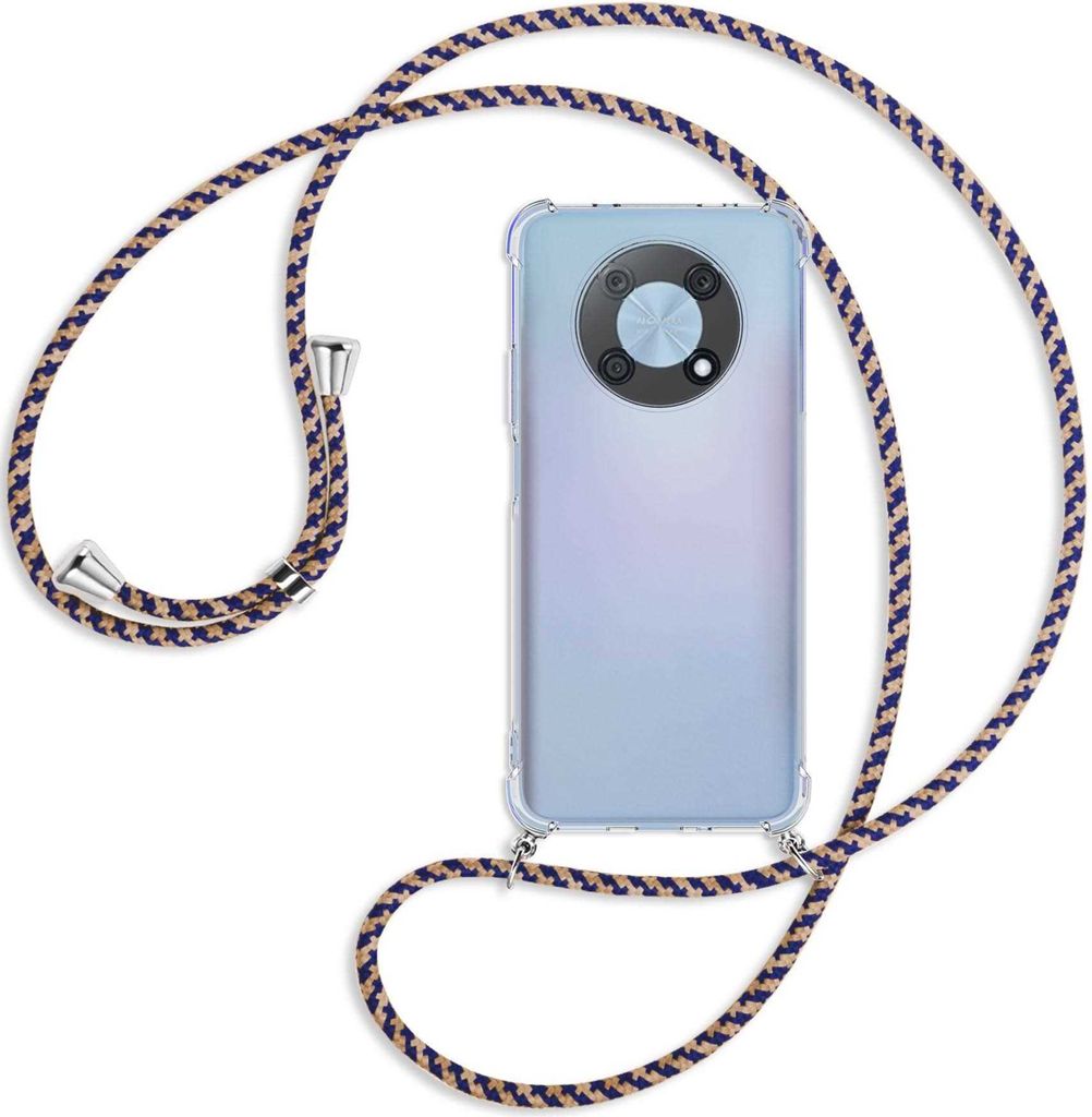 Handykette Backcover-Schutzhülle mit Band (Metall silberfarben) für Huawei nova Y90 4G (6.7'') - blau+beige