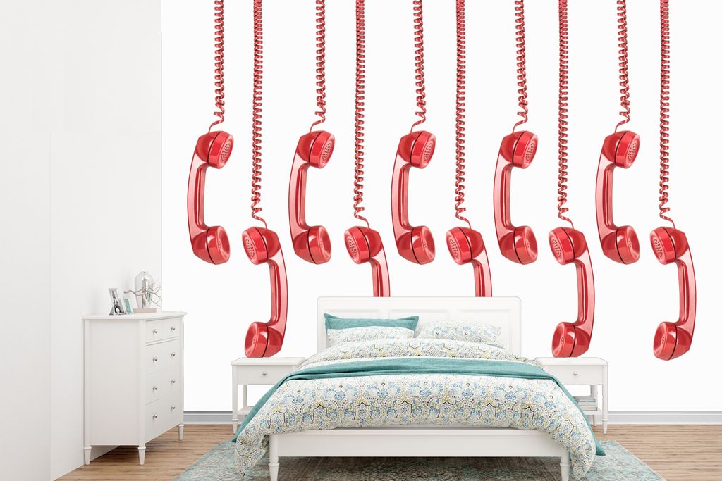 MuchoWow Fototapete für Wohnzimmer oder Schlafzimmer Wandtapete Vinyl Motivtapete Zehn Hörner von roten Retro-Telefonen - 415x300 cm - Küche