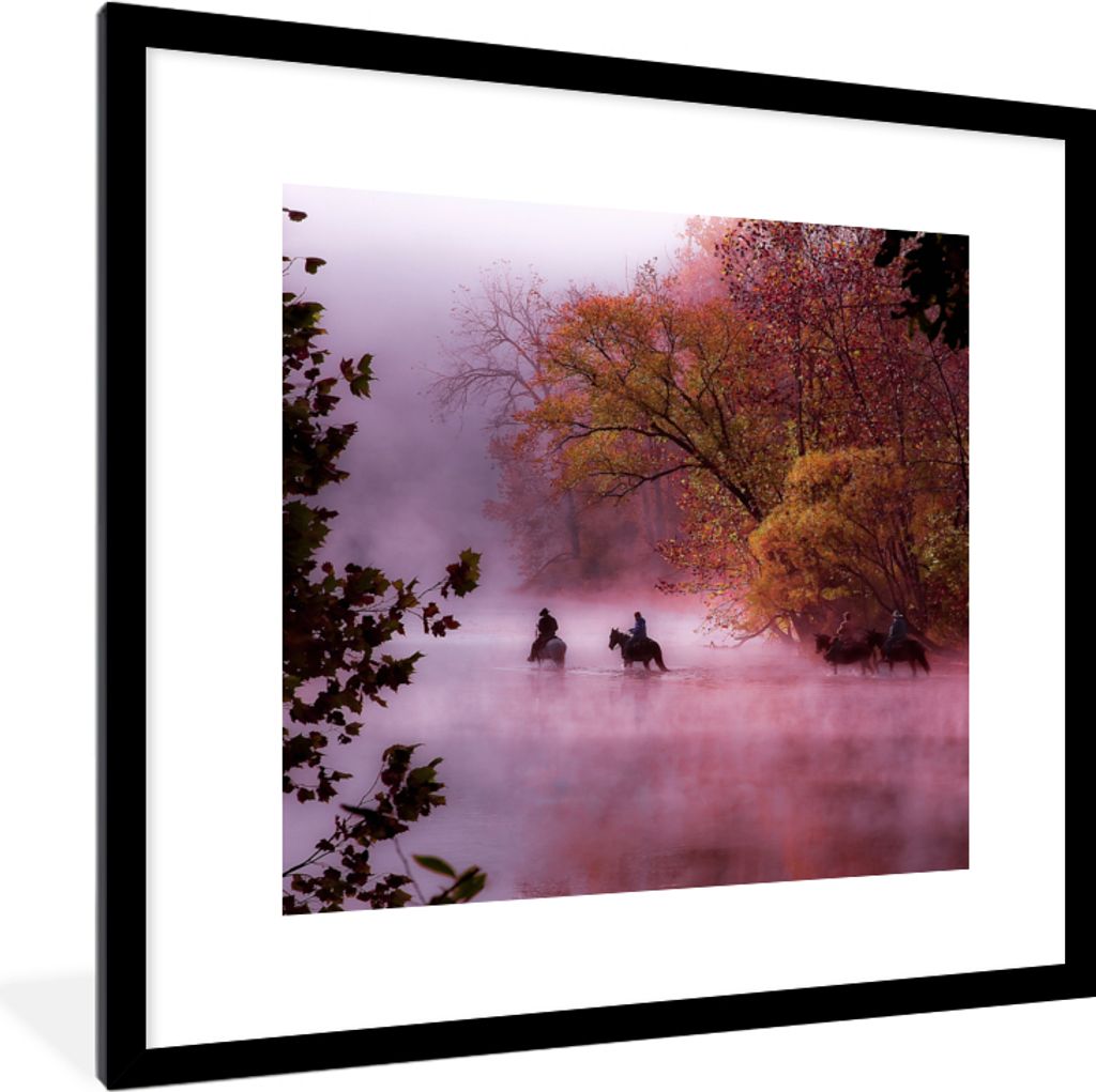 MuchoWow Gerahmtes Poster Pferde - Nebel - Wald 40x40 cm - Poster mit Schwarzem Bilderrahmen Wandposter Rahmen Foto Bilder - Poster - Plakat im R...