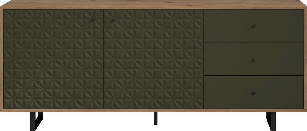 A dark green sideboard with a textured front and three drawers, placed against a white background.