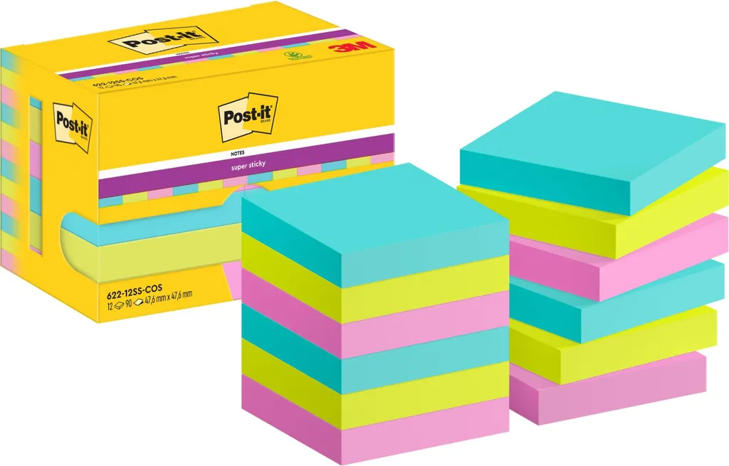 Post-it 622-12SS-COS Cosmic Colors - 12 Blocchi Super Sticky 47x47mm