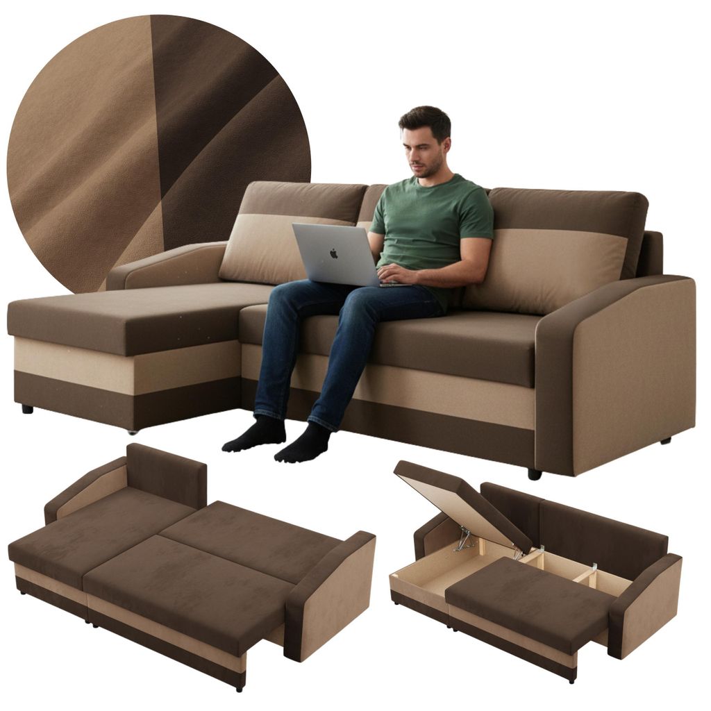 Ecksofa mit Schlaffunktion Orion, Universelle Seite, Dunkelbraun + Braun