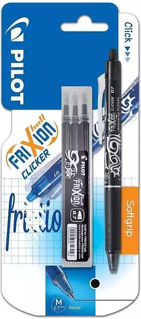 Pilot - Gelroller Frixion Ball Clicker, 4er Blister (1 Gelroller + 3 Minen), schwarz