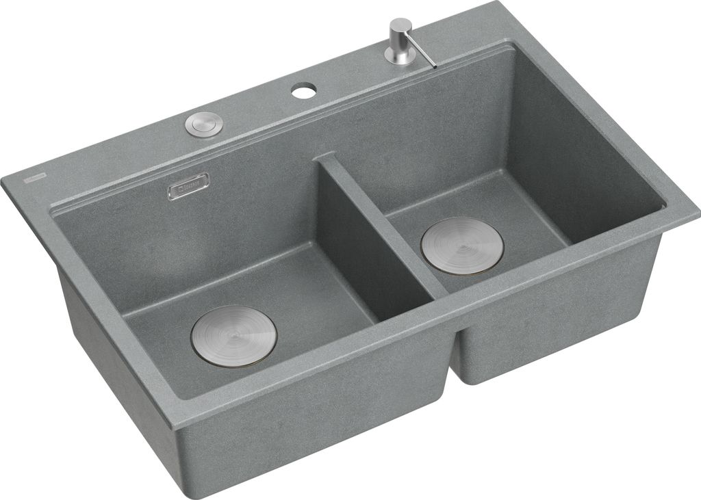 QUADRON Spülbecken 2-Becken Spüle | Größe: 76 x 50 x 23.5 cm | MARC 120 | Granitspüle aus GraniteQ mit Siphon + Spender + Platte | Silber + Stahl