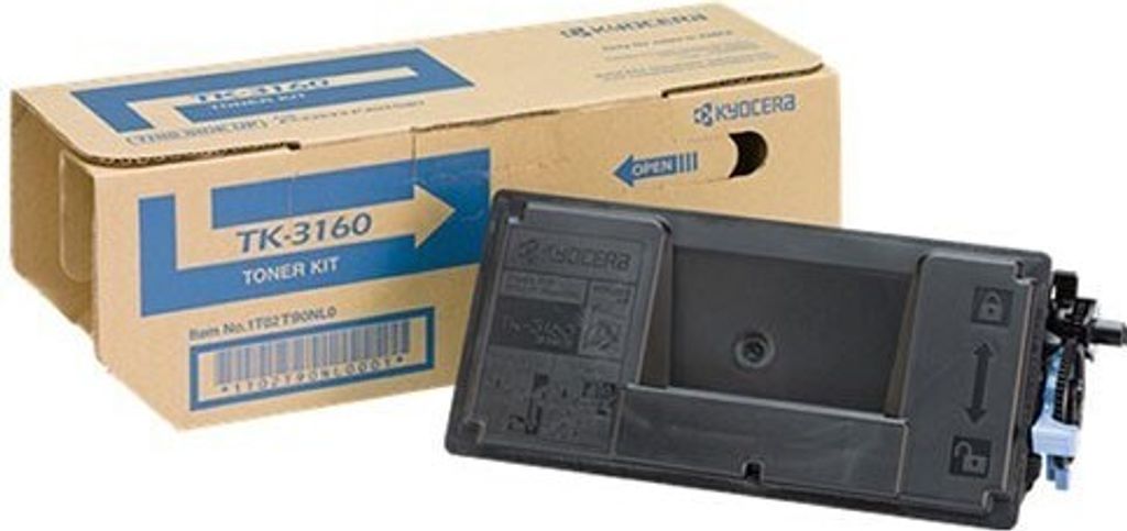 A Kyocera TK-3160 toner kit box and the toner cartridge itself are shown.