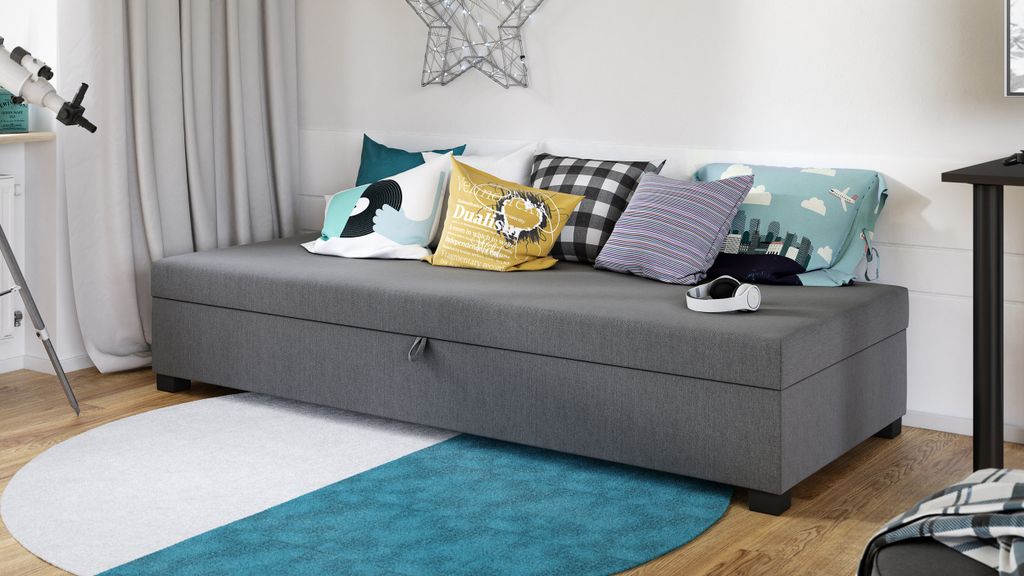 Einzelbett Misti - Sofa mit Bettkasten, Schlafsofa, Bettsofa, Farbauswahl, Bettgestell, Komfortbett, Bett für Jugendzimmer, Schlafmöbel (Grau (Lu...