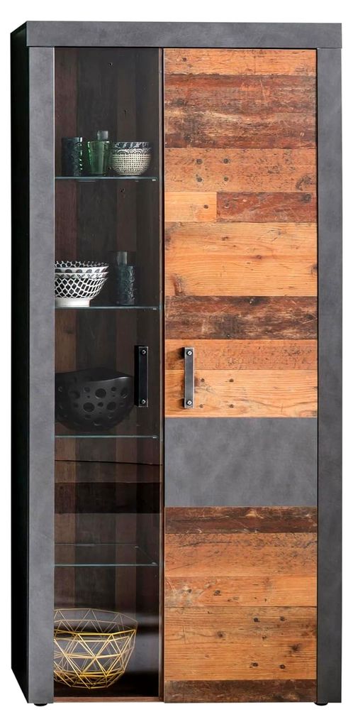 Indy - Regalschrank - Grau/Eiche - Stauraumvitrine mit 2 Türen, 4 Glasböden, 1 Konstruktionseboden und 3 Einlegeböden - (BxHxT) 87 x 189 x 34 cm...