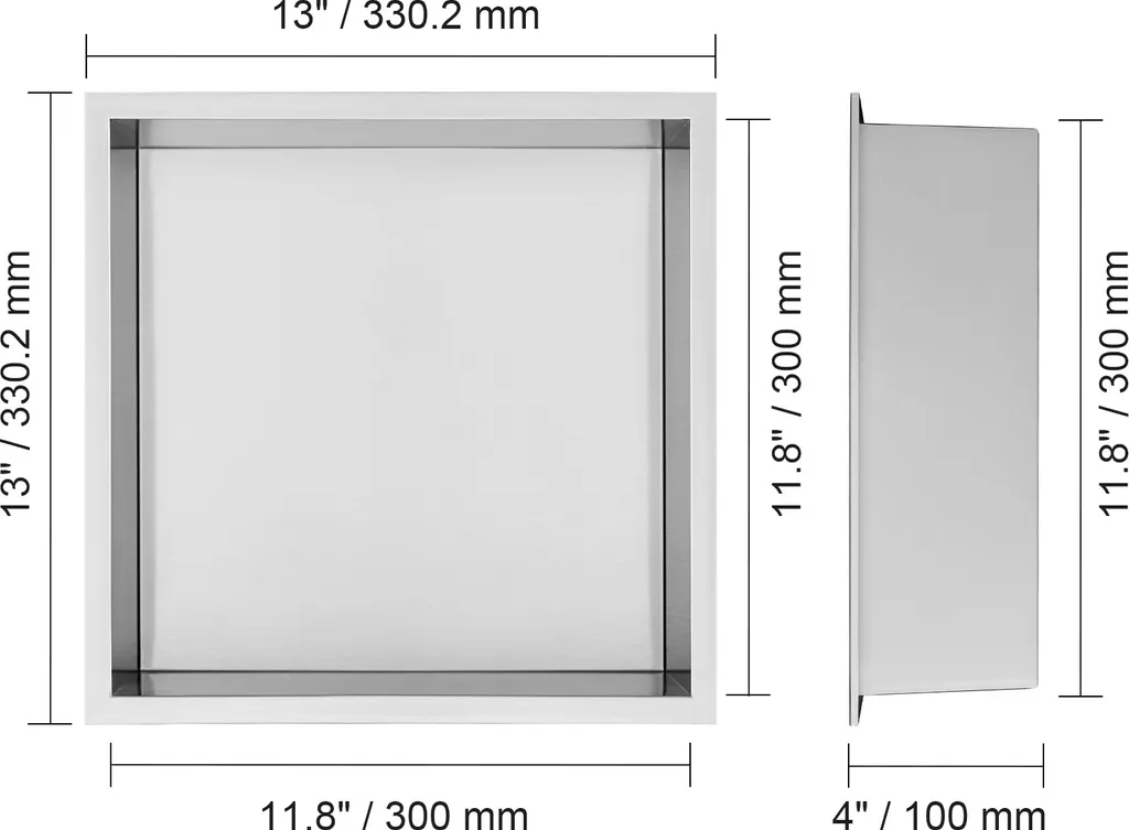 SucceBuy 33 x 33 cm nicchia per doccia in acciaio inox 304, mensola a muro a scomparsa, impermeabile, antiruggine, contenitore moderno, argento - 8