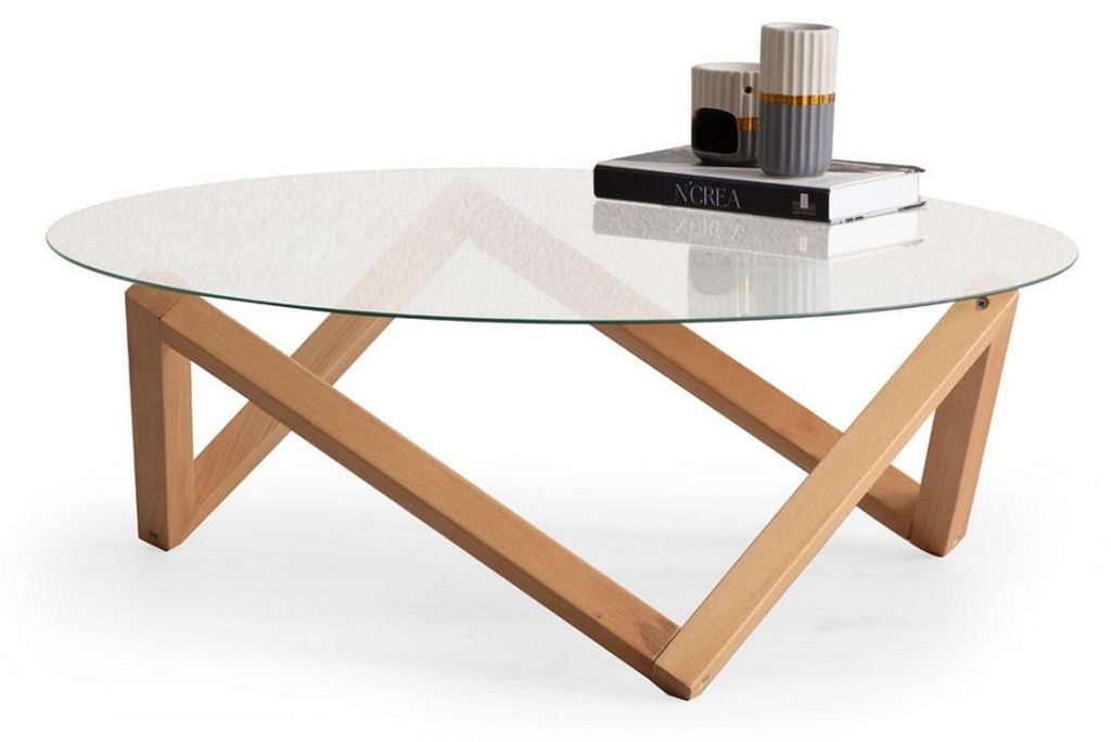 Couchtisch im modernen Stil runde Glastischplatte Wohnzimmer Holzbeine