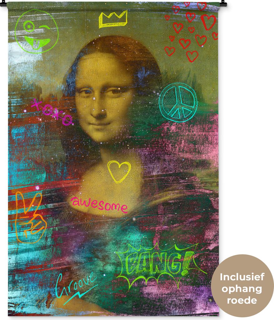 MuchoWow Wandteppich Wandbehang Mona Lisa - Leonardo da Vinci - Neon 120x180 cm Tapisserie Dekoration Wandtuch - Schlafzimmer - Dekorationen für...