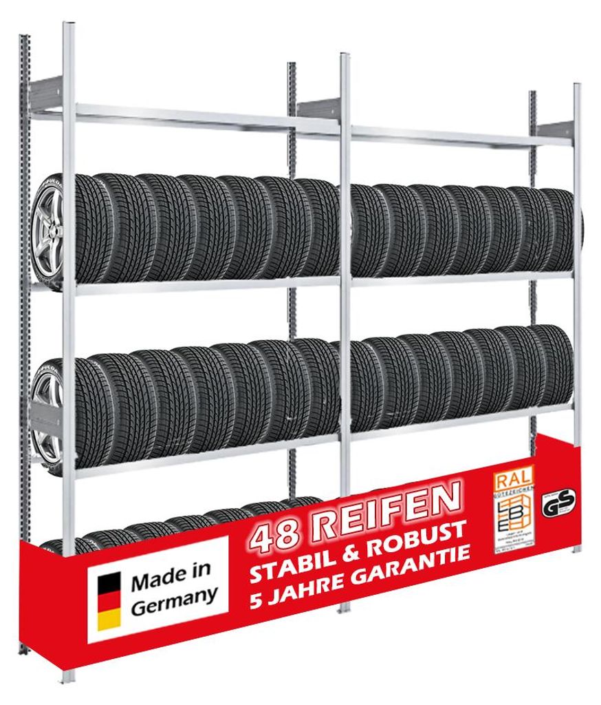 Reifenregal TIRE PRO Germany | Komplettregal | HxBxT 250x300x43cm | 150kg Fachlast | bis zu 48 Reifen auf 4 Ebenen | Verzinkt
