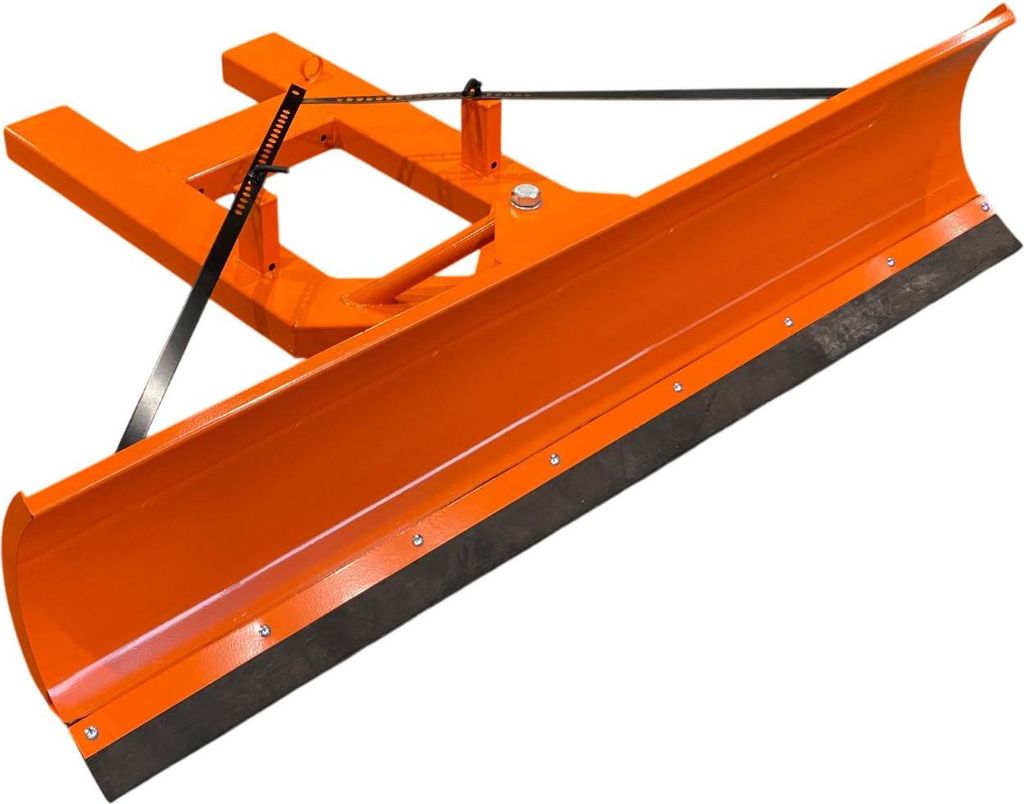 An orange snow plow attachment for a forklift, shown against a white background.