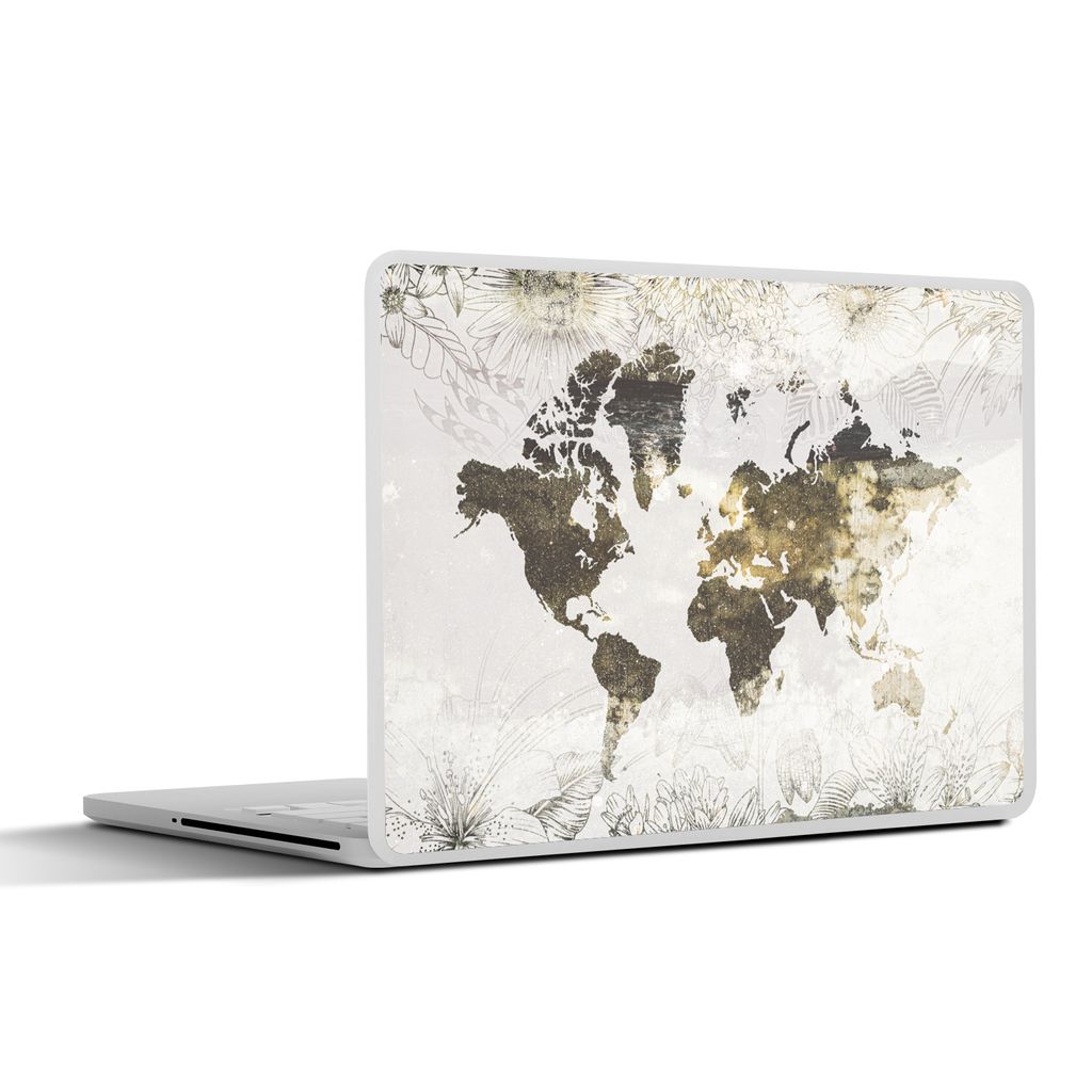 MuchoWow Laptop Aufkleber Sticker Cover Weltkarte - Blumen - Gold 31x22.5 cm - Laptop-Deko