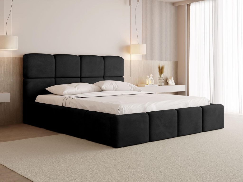 Polsterbett 140x200 mit Bettkasten & Lattenrost – Schwarzes Bett hohem Kopfteil, Boucle oder Samt – Doppelbett mit Stauraum – Bettgestell ohn...