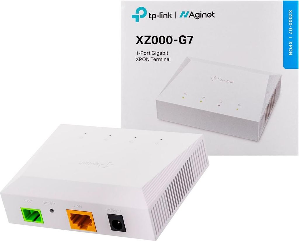 A white TP-Link XPON terminal is shown in the foreground, with its packaging in the background.