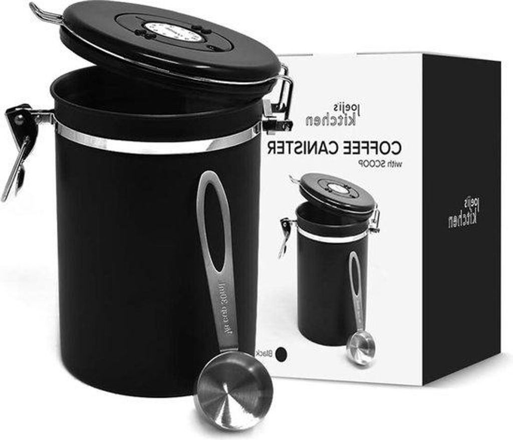Joeji's Kitchen Kaffeedose – luftdicht, Edelstahl – 1800 ml – ideal für Kaffeebohnen – Aromawahrung – Messlöffel, schwarz