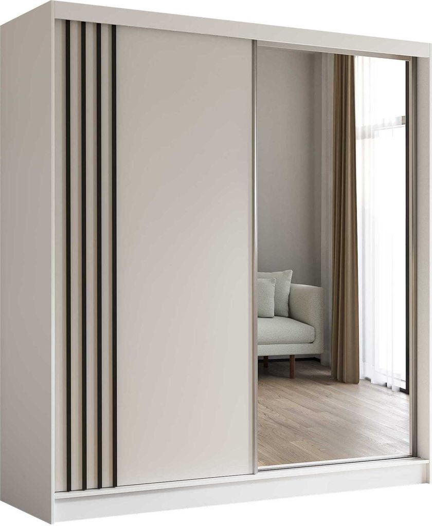AGMAT Schwebetürenschrank Lugo, Kleiderschrank mit 2 Türen und Spiegel, Moderne Garderobe in Farbe: Weiß / Weiß, Schrank in Größe: 200 x 216 ...