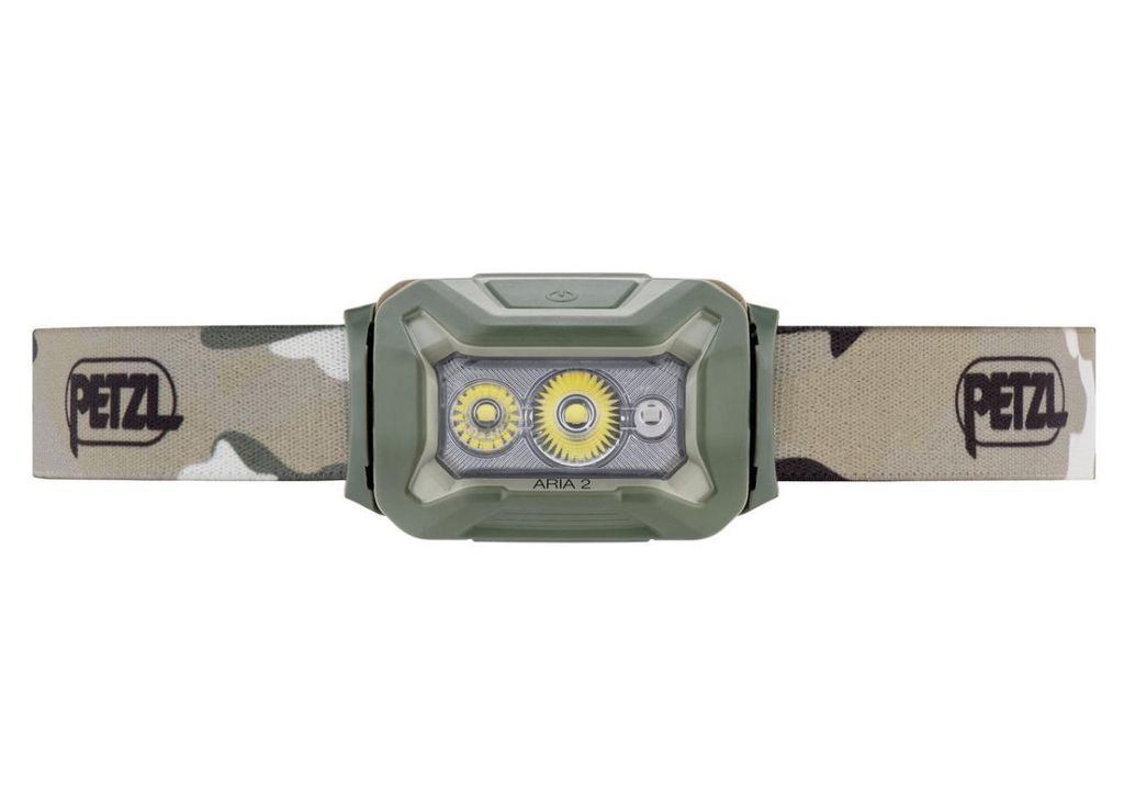 A Petzl headlamp with a camouflage strap is shown against a white background.