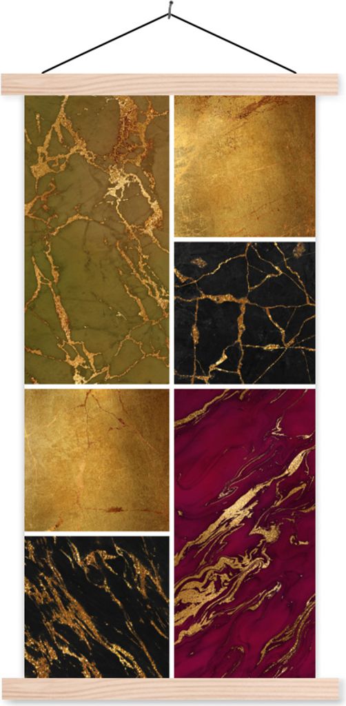 MuchoWow Textilposter Marmor - Gold - Schwarz - Rosa 60x120 cm mit holzfarbenen Rahmen - Holz