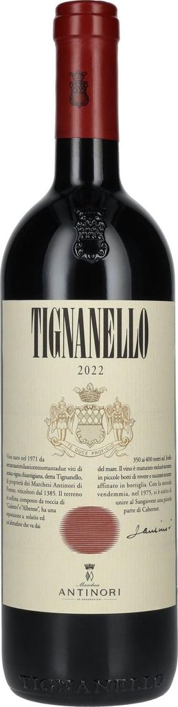 A bottle of Antinori Tignanello wine.