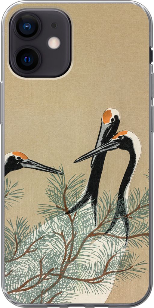 MuchoWow Handyhülle Schutzhülle Hülle für Telefoonhoesje iPhone 12 Blätter - Kranich - Tiere - Skandinavisch - Japan Silikon Softcase Handy ...