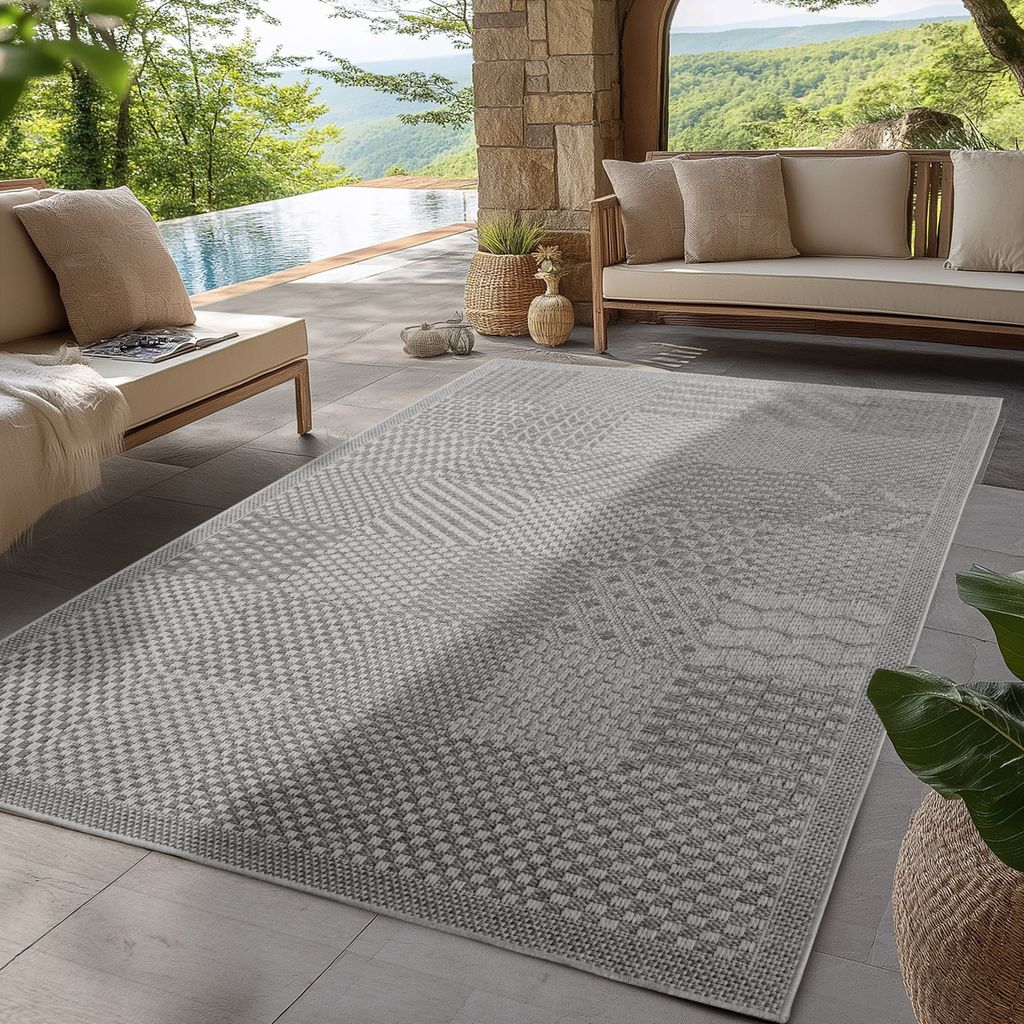 Indoor Outdoor Teppich Modern Boho Design, Ideal für Küche, Balkon, Terrasse, Wohnzimmer und Esszimmer, Größe: 240 x 340 cm, Farbe: Grau-2