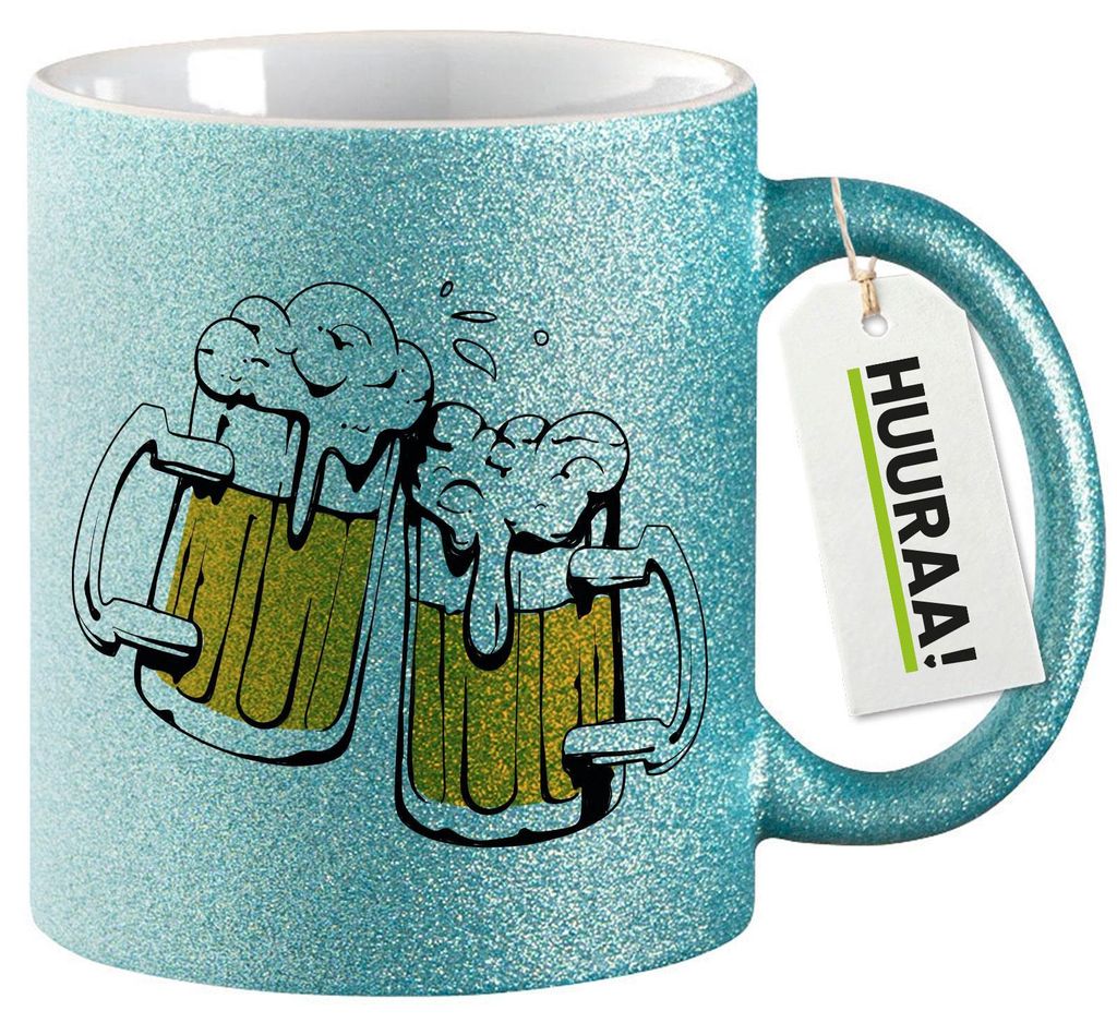 Huuraa Glitzertasse Bierkrüge anstoßen Schützenfest 330ml Blau Keramik Kaffeebecher Geschenkidee